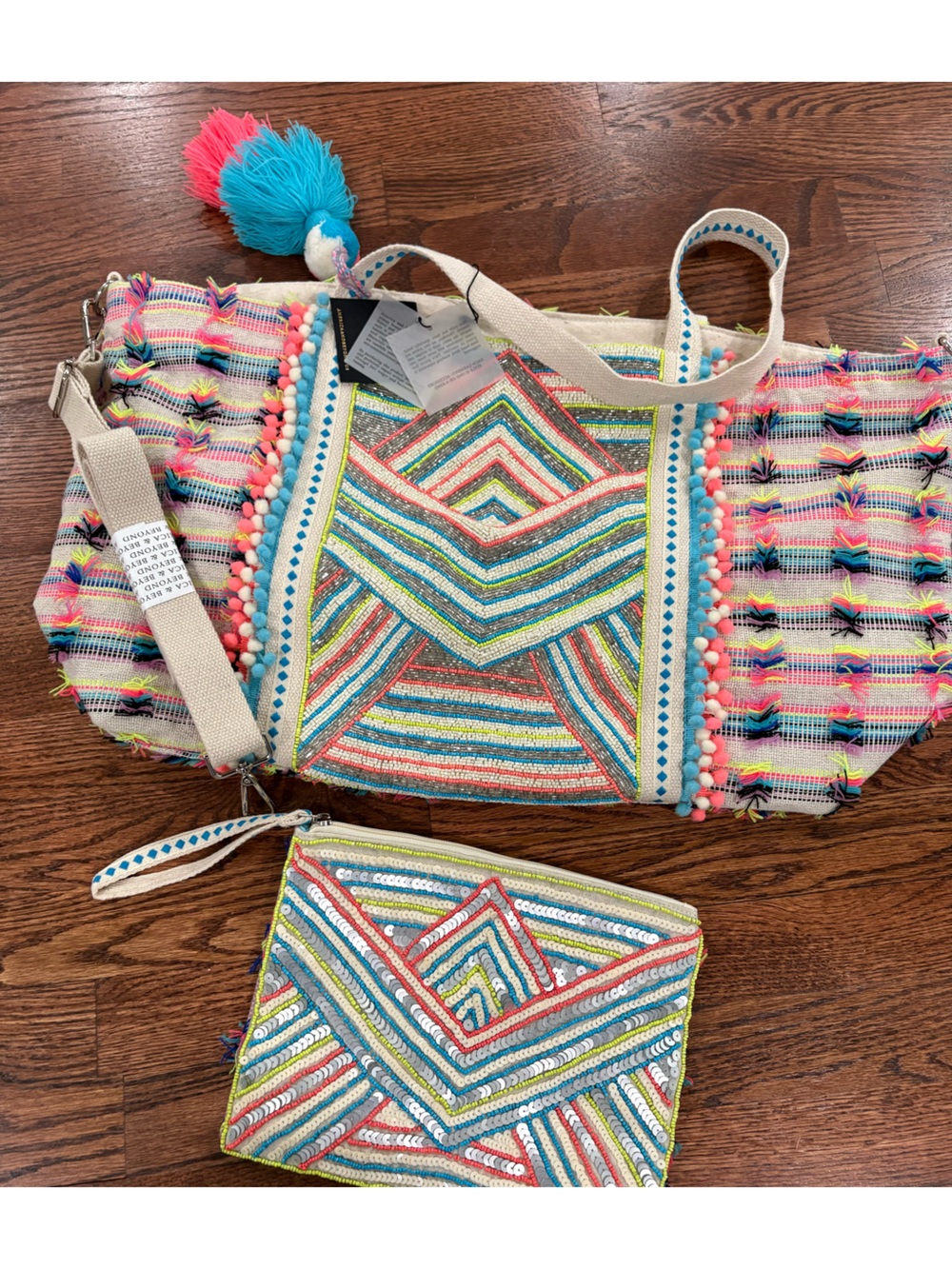 America & Beyond Boho Multicolor Embroidered Tote Bag with Matching Wristlet
